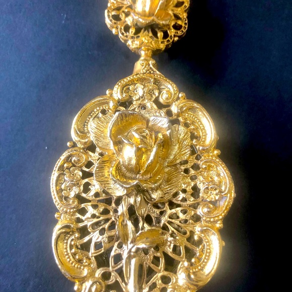 Vintage 9.5” Gold Metal Ormolu Filigree Perfume Bottle Ornate Rose - Picture 2 of 11